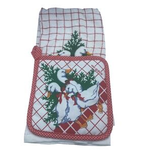 Vintage 1986 RAB Country Goose‎ Kitchen Towel and Pot Holder Set Red White 80s